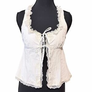 Lait Collection White Lace Tie Front Cottagecore Top XS poet romantic coquette